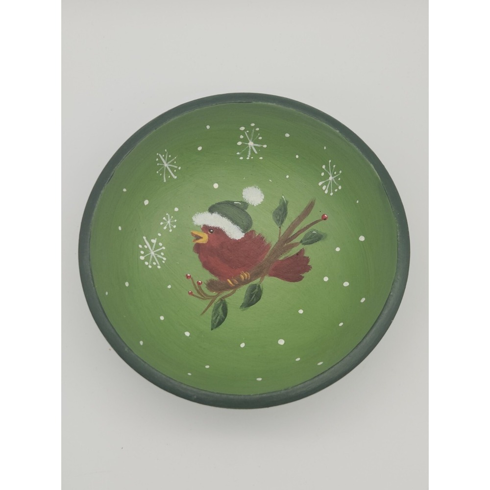 Wooden Bowl Hand Painted Christmas Cardinal Bird Santa Hat 6" Snowflake Green